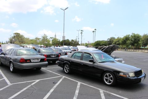 Black Ford sedan beside gray sedan with hoods up at car meet