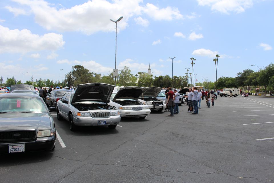 Row of full-size sedans with raised hoods at an outdoor car show