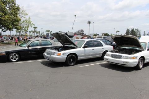 Black sedan, silver Mercury and Mercury with open hoods at car show
