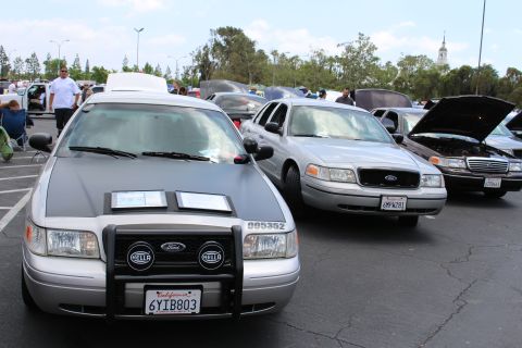 Silver Ford sedan with push bar and HELLA lights parked among other Ford sedans