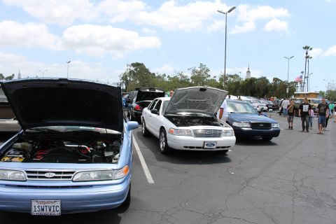 Row of full-size sedans with hoods up at an outdoor car meet, people walking past