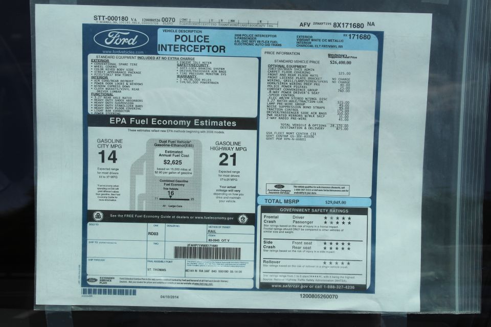 2008 Ford Police Interceptor window sticker, 4.6L flex-fuel V8, white, $26,545 MSRP
