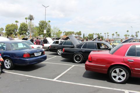 Row of blue, black and red full-size sedans parked at an outdoor car show