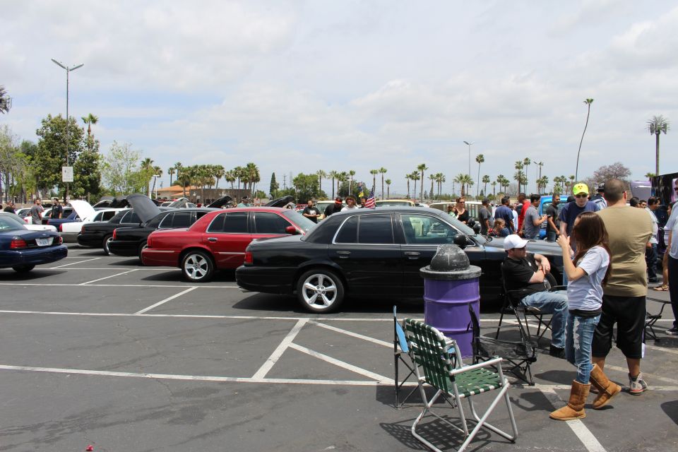 Rows of parked full-size sedans at a car show with spectators