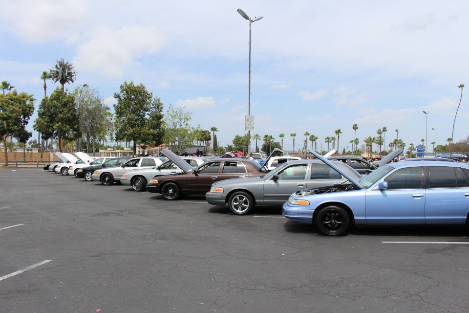 Row of full-size sedans with open hoods angled along a parking lot car show