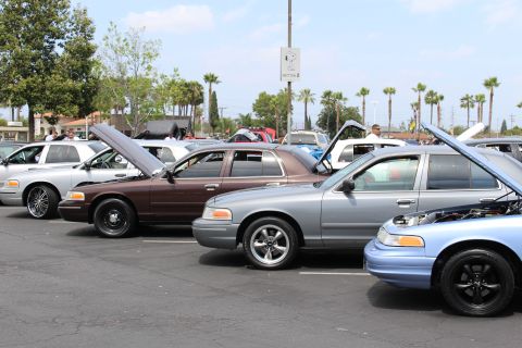 Silver, brown, and blue Ford sedans with open hoods lined up at a car show
