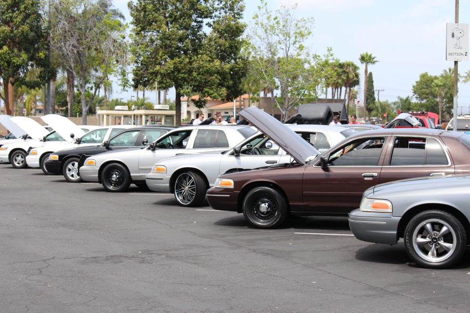 Diagonal row of sedans including black, silver, and brown Fords at a car meet