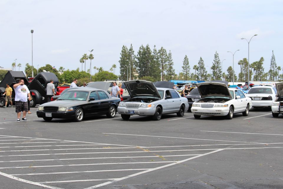 Black, silver, and white sedans with open hoods, spectators standing nearby at a car show
