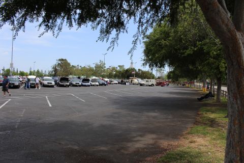 Wide empty parking lot with cars parked along the far edge under a tree
