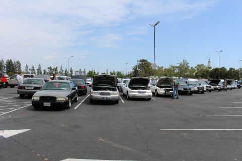 Row of full-size sedans with open hoods angled across parking spaces
