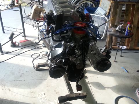 1994 Ford Bronco - Engine assembly on a stand, blue spark plug wires and a red distributor cap.