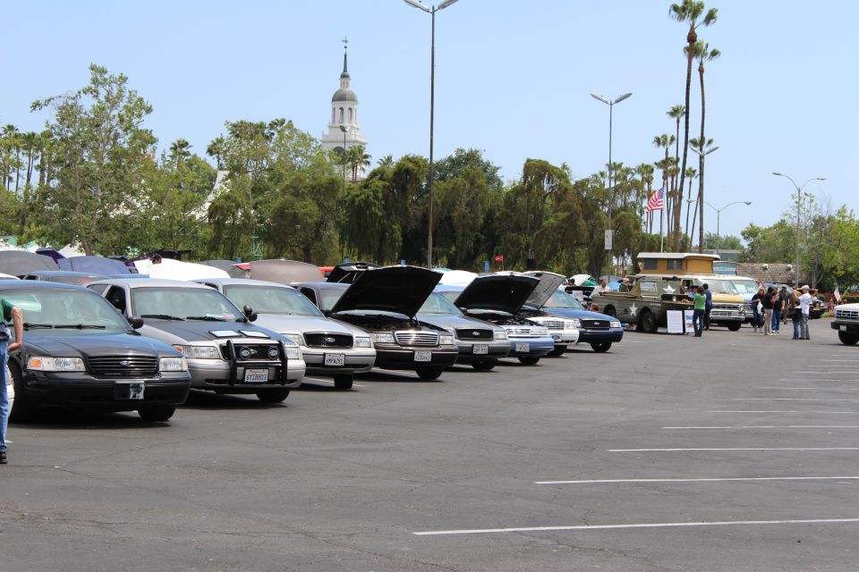 Row of dark and light sedans with open hoods, domed tower behind