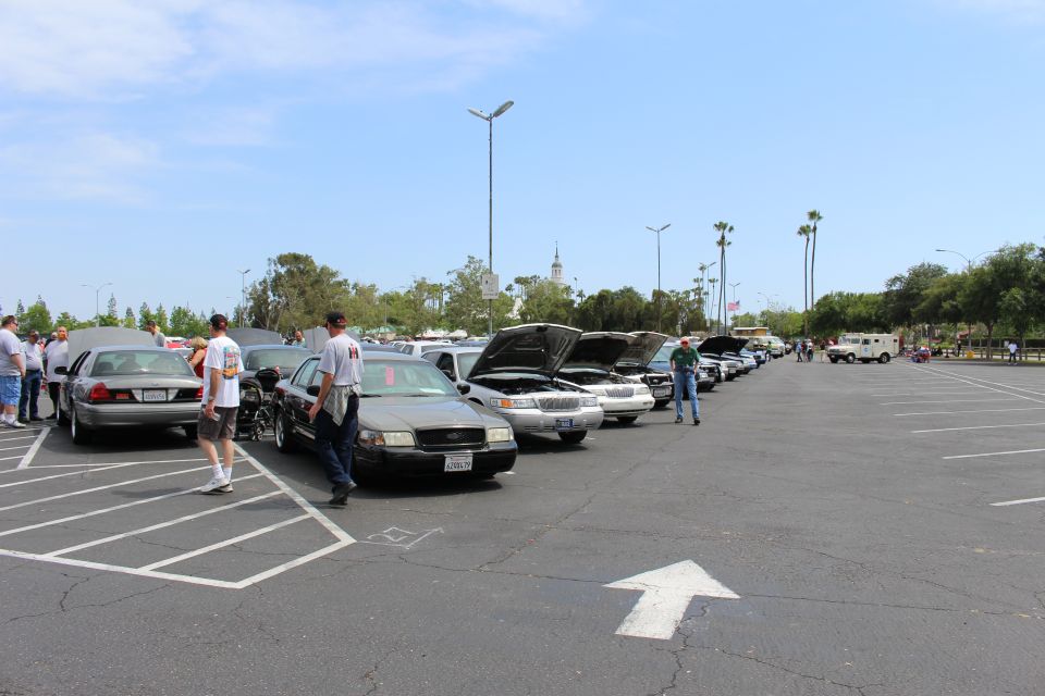 People standing among parked sedans with open hoods at a car meet