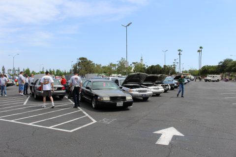 Black sedan with marking and crowd around show cars with open hoods