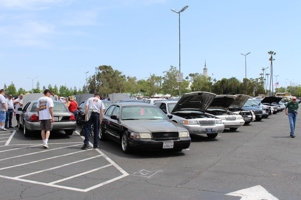 Crowd inspecting a long row of sedans with open hoods at a car show