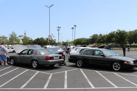 Gray and black full-size sedans parked at an outdoor car show with hoods up