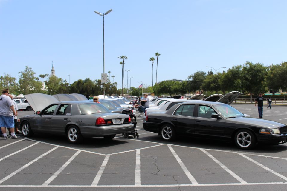 Gray and black full-size sedans parked at an outdoor car show with hoods up