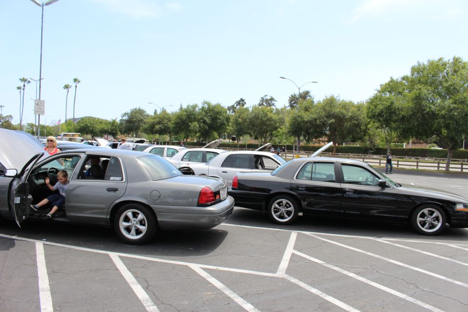 Gray and black sedans angled in parking spaces, a child climbs into the gray car