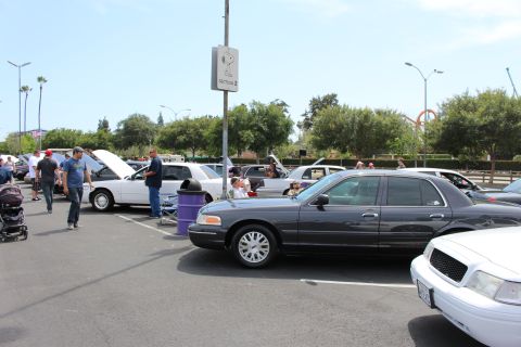 Row of full-size sedans at an outdoor car show with people walking the lot