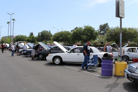 White and dark full-size sedans with hoods open and people at a car meet