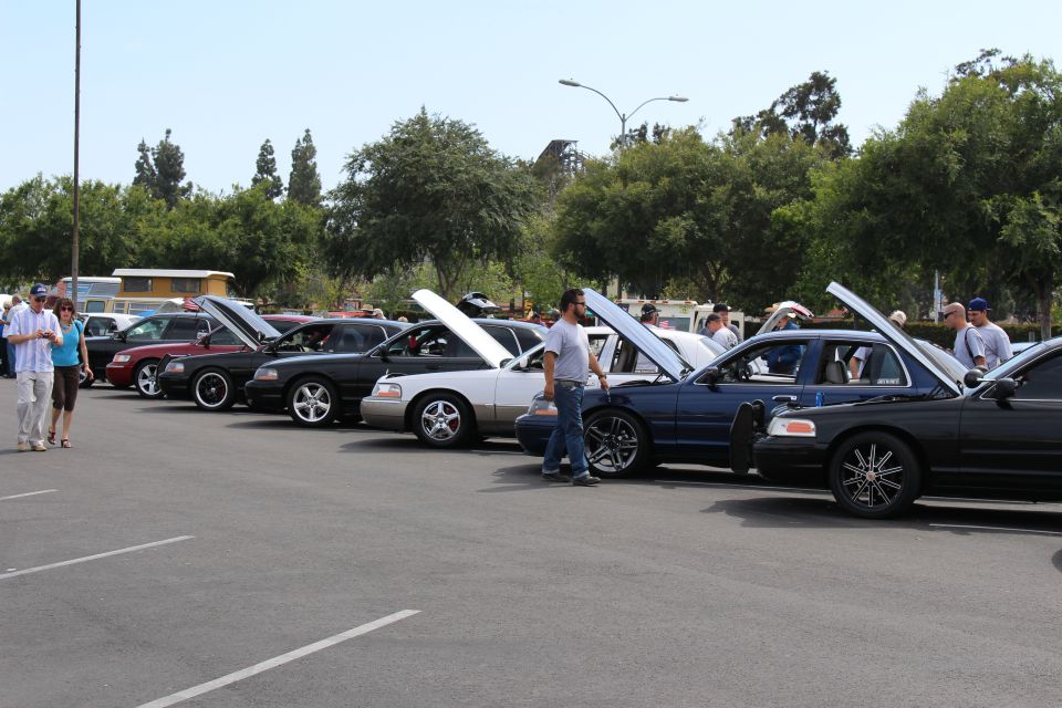 Long row of sedans with hoods open and spectators at a car show