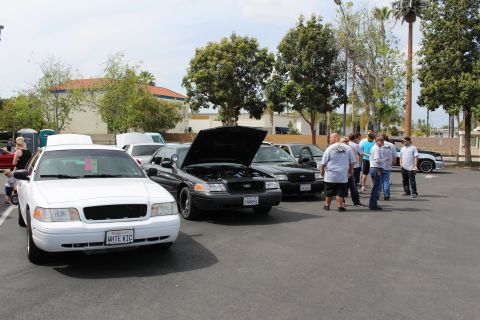 White and black Ford sedans with people gathered at an outdoor car meet