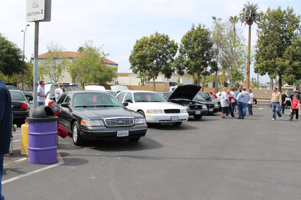 Row of black and white full-size sedans parked along a lot with people
