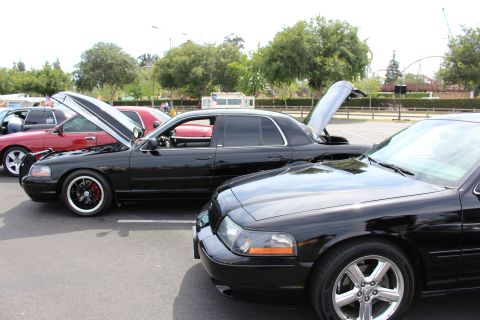 Row of black full-size sedans parked at a car show
