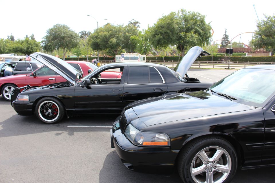 Row of black full-size sedans parked at a car show