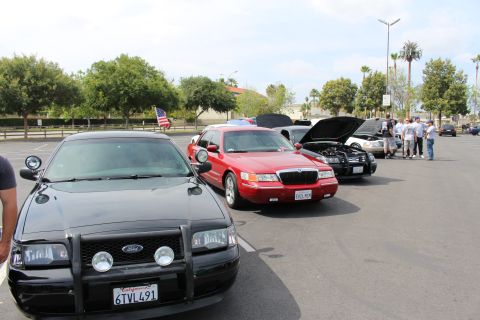 Black Ford police sedan with push bar leading a row of show cars