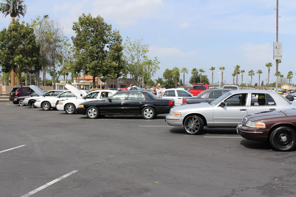 Long row of black, silver and brown sedans parked at an outdoor car meet
