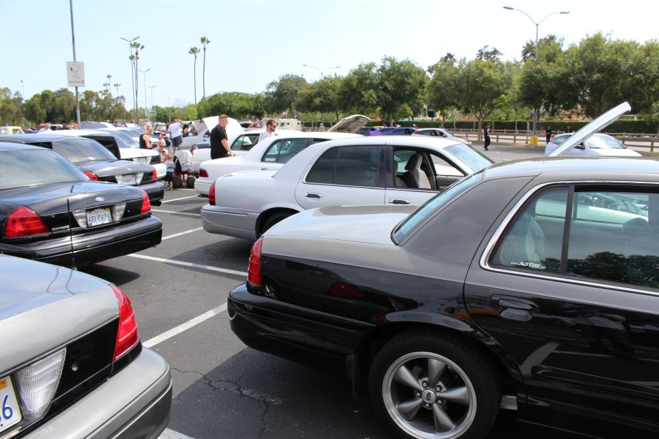 Cluster of black and white full-size sedans parked at angles in a busy meet lot