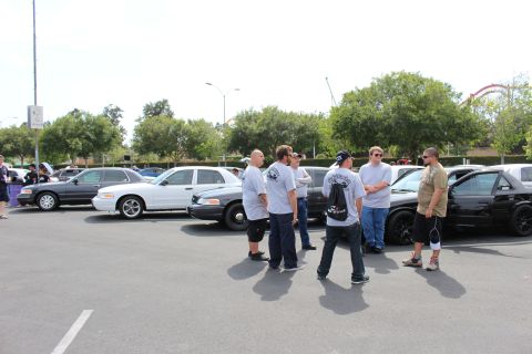 People standing beside white, black and silver sedans in a parking lot