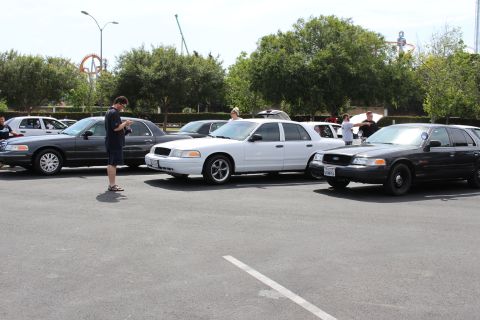 Black, white and gray sedans parked at an outdoor car meet, person on phone