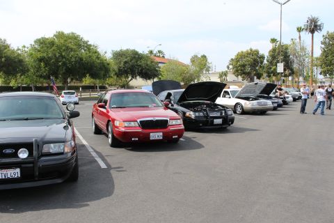 Lineup of Panther-platform sedans including a black Ford and red Mercury