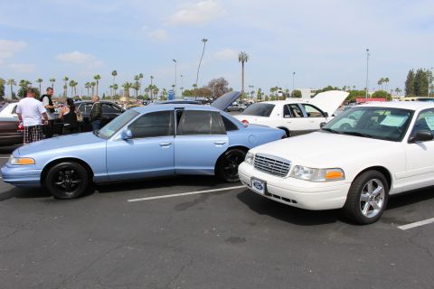 Light blue Ford sedan parked nose-to-nose with a white Ford sedan