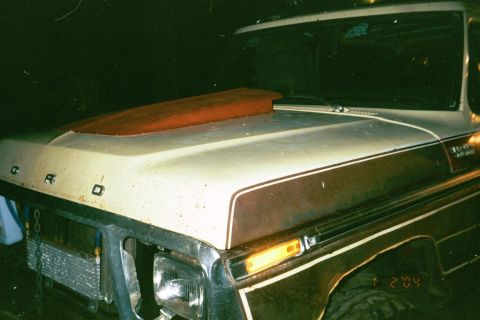 1979 Ford Bronco - Front view of a 1979 Ford Bronco showing the hood with a red scoop and brown stripe detail.