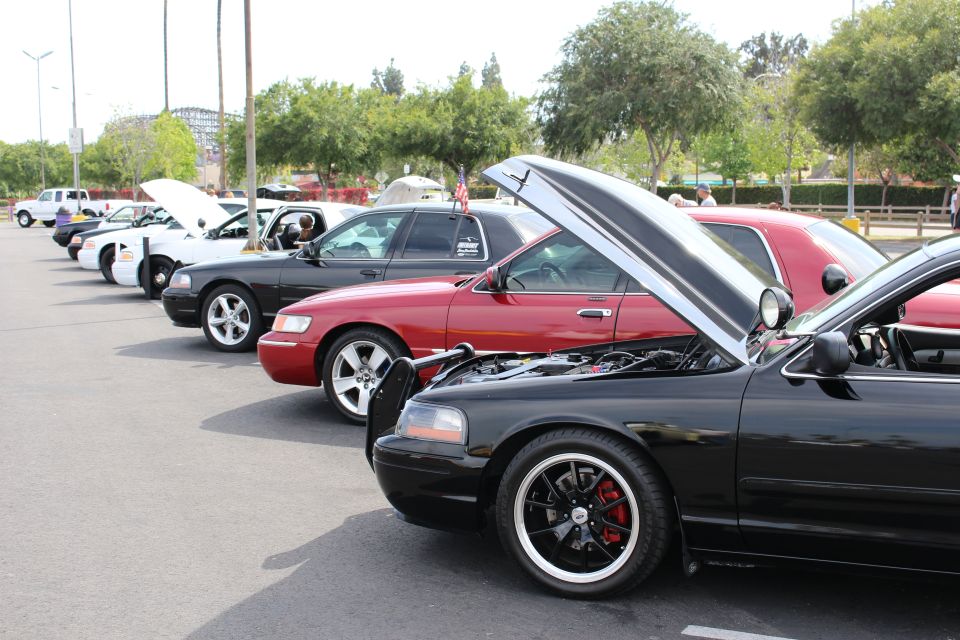 Row of full-size sedans with hoods open at an outdoor car meet, lead car black with red brake calipers