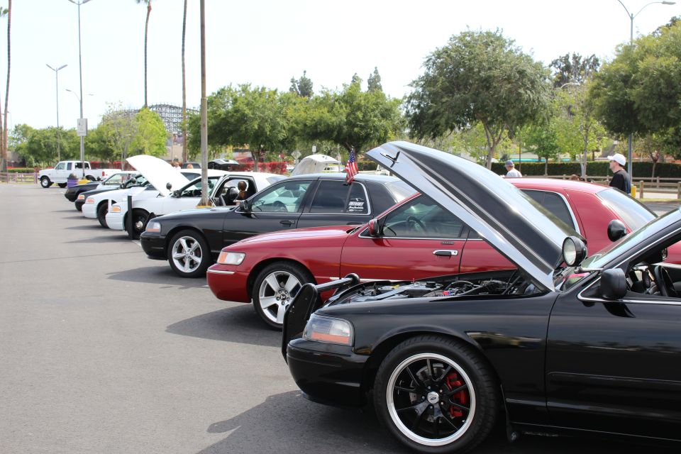 Diagonal row of parked sedans with hoods open including a maroon car and police-style white car