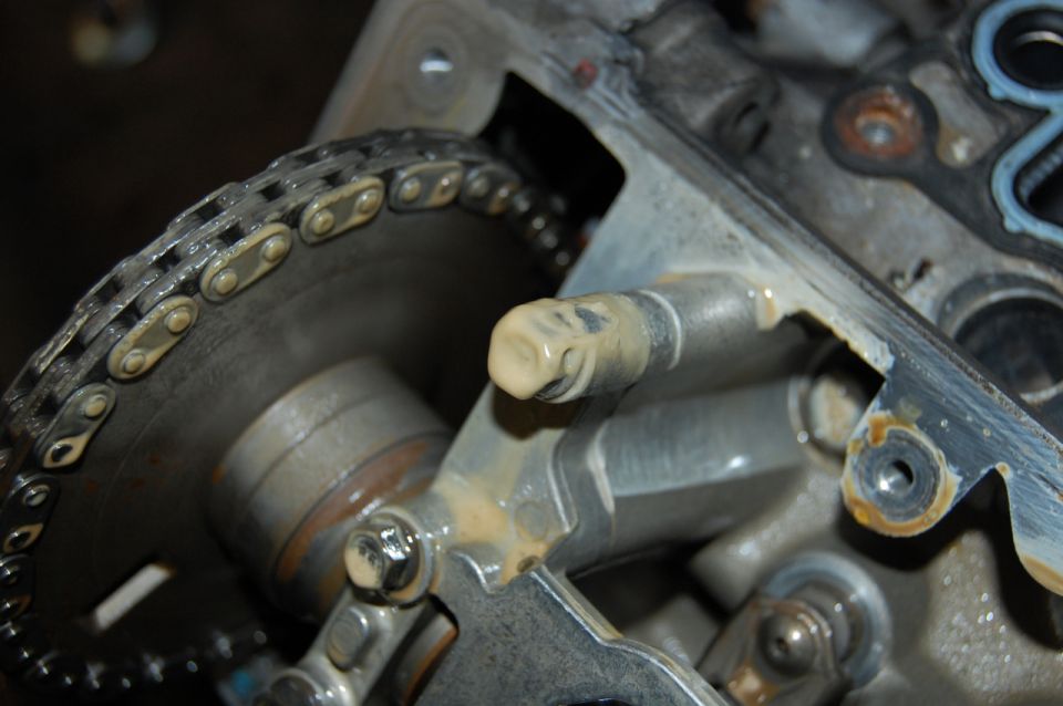 Close-up of engine timing chain over a gear with a plastic guide and gasket surface