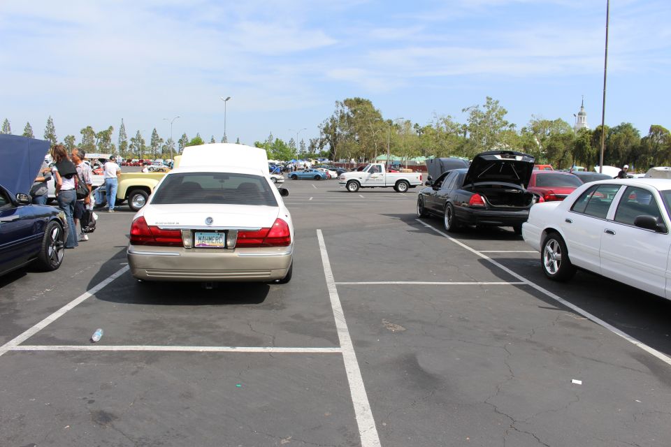 Gold sedan with white trunk lid viewed from rear across a parking lot full of show cars