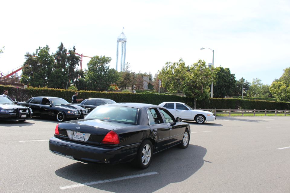 Rear view of a black sedan parked with a drop tower behind the trees