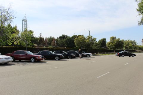 Several sedans parked at an angle with a drop tower behind the trees