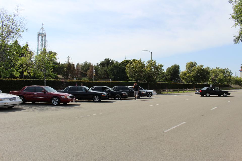 Several sedans parked at an angle with a drop tower behind the trees