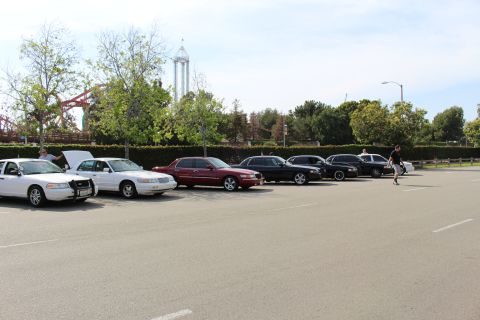 Row of sedans with one hood open beside an amusement park backdrop