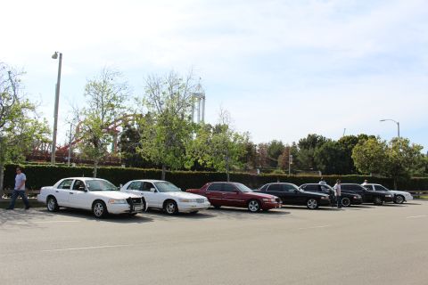 Row of full-size sedans parked beside a hedge with roller coasters behind