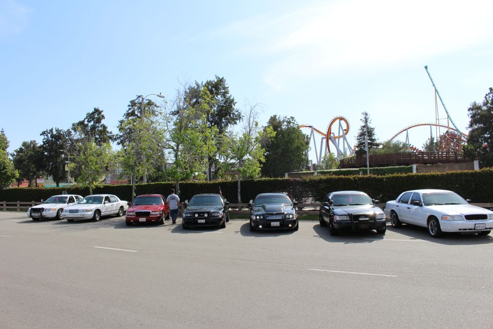 Row of full-size sedans parked nose-out with roller coasters behind