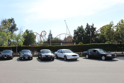 Row of five parked sedans with roller coaster track behind a hedge