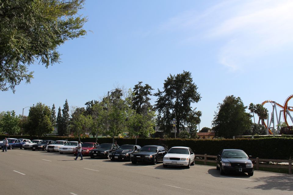 Row of parked sedans with a person crossing the lot