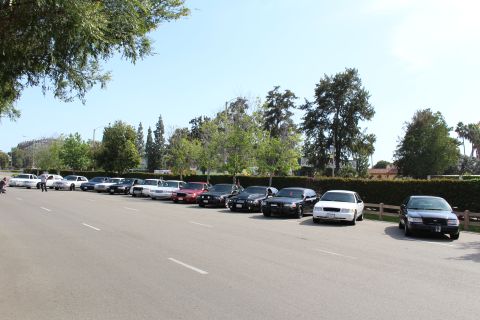Row of parked sedans with a person and motorcycle nearby